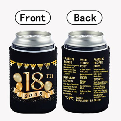  Tartness 18th Birthday Can Cooler Sleeves Pack Of 12-18th Anniversary Decorations- 2005 Decorate Sign - 18th Birthday Party Supplies - Black And Gold The Eighteenth Birthday Cup Coolers