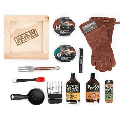  Pit Master Barbecue Crate – The Ultimate BBQ Gift For Men – Includes Meat Claws, Barbecue Rub, Sauces, Leather Gloves & More – Ships In A Sealed Wooden Crate With A Laser-Etched Crowbar