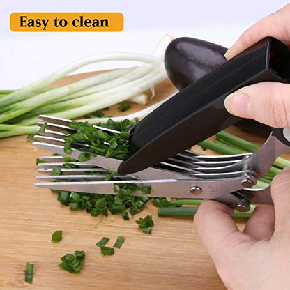  Gourmet Herb Scissors Set - Master Culinary Multipurpose Cutting Shears With Stainless Steel 5 Blades, Herb Stripper, Safety Cover And Cleaning Comb For Cutting Cilantro Onion Salad