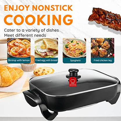 Black Electric Skillet With Tempered Glass Lid, 16 Inch, Non-Stick.