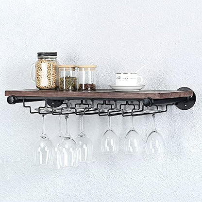 Industrial Pipe Shelving Hanging Stemware Racks,Rustic Wall Mounted Wine Rack With 8 Glass Holder,Steampunk Iron Floating Bar Shelves Stemware Holder,36in Metal Real Wood Shelf Wall Shelf