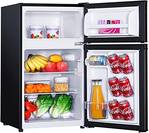  Mini Fridge With Freezer, 3.1 Cu.Ft Refrigerator 2 Doors, Unique Shelf Design, With LED Light, Adjustable Control Thermostat, Small Refrigerator For Bedroom, Office, Dorm, Garage, Black - ‎HPBFR310