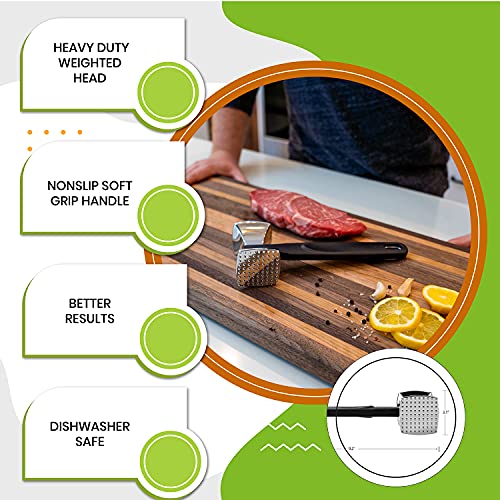  Spring Chef Meat Tenderizer, Heavy Duty Hammer Mallet Tool Chicken, Beef And Steak Pounder; Commercial Quality & Solid Construction, Dual Sided With Smooth & Textured Surface, Soft Grip Handle, Black