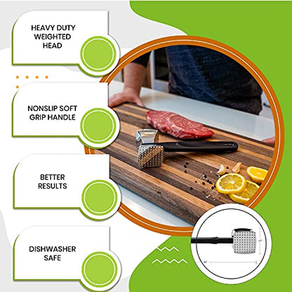  Spring Chef Meat Tenderizer, Heavy Duty Hammer Mallet Tool Chicken, Beef And Steak Pounder; Commercial Quality & Solid Construction, Dual Sided With Smooth & Textured Surface, Soft Grip Handle, Black