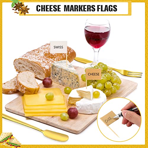  Charcuterie Board Accessories Utensils Cheese Butter Spreader Knives Set Include Serving Tongs, Knives, Spoons, Forks, Toothpick Flags, Honey Dippers, Bowl For Christmas Pastry Making (Gold)
