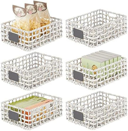  MDesign Hyacinth Open Weave Kitchen Cabinet Pantry Basket With Built-in Chalkboard Label For Organizing Kitchen Pantry, Cabinet, Cupboard, Shelves - Holds Food, Drinks, Snacks, 6 Pack - White Wash