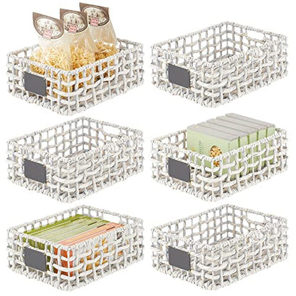  MDesign Hyacinth Open Weave Kitchen Cabinet Pantry Basket With Built-in Chalkboard Label For Organizing Kitchen Pantry, Cabinet, Cupboard, Shelves - Holds Food, Drinks, Snacks, 6 Pack - White Wash