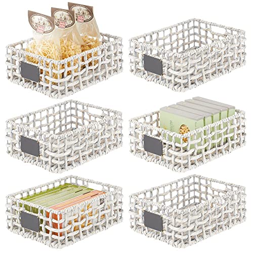 MDesign Hyacinth Open Weave Kitchen Cabinet Pantry Basket With Built-in Chalkboard Label For Organizing Kitchen Pantry, Cabinet, Cupboard, Shelves - Holds Food, Drinks, Snacks, 6 Pack - White Wash
