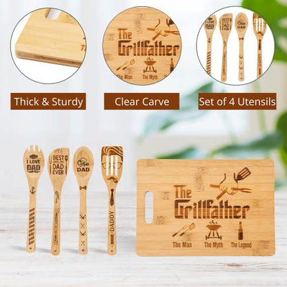  Fathers Day Gifts, Gifts For Dads, Dad Cutting Board, The Grillfather The Man The Myth The Legend - Dad Gifts On Birthday Engraved Board Gift Set For Papa, Stepfather, Godfather 9.4 X13.4"