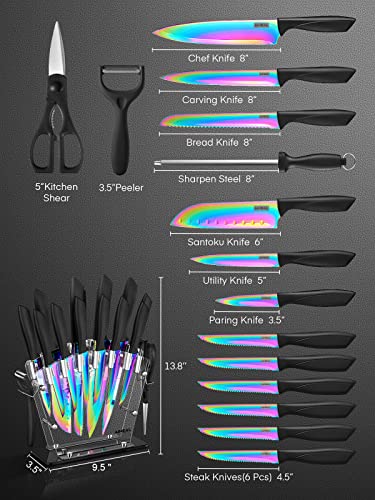  Knife Set, 16 Pieces High Carbon Stainless Steel Rainbow Color Kitchen Knife Set, Titanium Coating Blade, No Rust And Super Sharp Cutlery Knife Set With Acrylic Stand And Kitchen Scissors, Gift