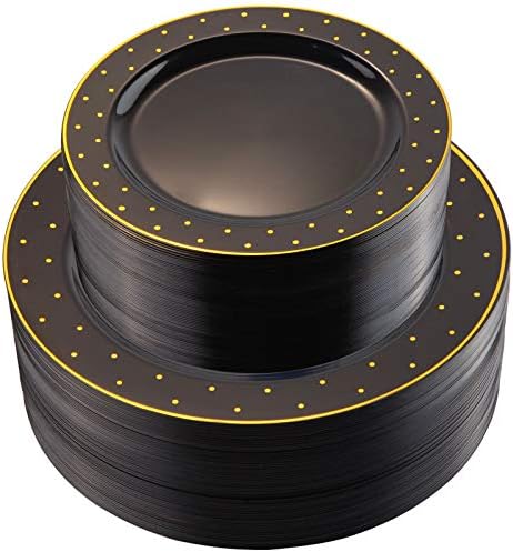  102 Pieces Solid Gold Disposable Plates, Gold Plastic Plates, Premium Plastic Party Plates Includes: 51 Dinner Plates 10.25 Inch And 51 Salad/Dessert Plates 7.5 Inch