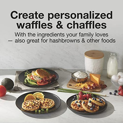  Double Mini Waffle Maker Machine With 4” Round Non-stick Grids, Makes 2 Personalized Individual Breakfast Chaffles And Hashbrowns, Compact, Black (26102)