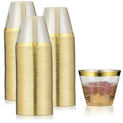 100 Pack 9oz Plastic Cups Gold Glitter With A Gold Rim - Premium Disposable Party Cups - Elegant And Classy Sturdy Cups - Weddings Birthdays Anniversaries And Other Social Events