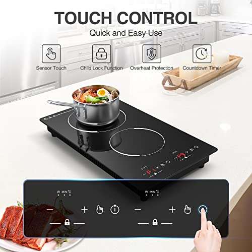  Double Induction Cooktop, Portable Induction Cooker With 2 Burner Independent Control, Ultrathin Body, 9 Temperature, 2300W-Multiple Power Levels, 2 Hour Timer, Safety Lock