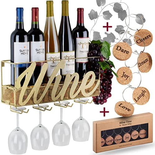 Wall Mounted Wine Rack - Bottle & Glass Holder - Cork Storage - Store Red, White, Champagne - Comes With 6 Cork Wine Charms - Home & Kitchen Décor - Designed By Anna Stay, Wine