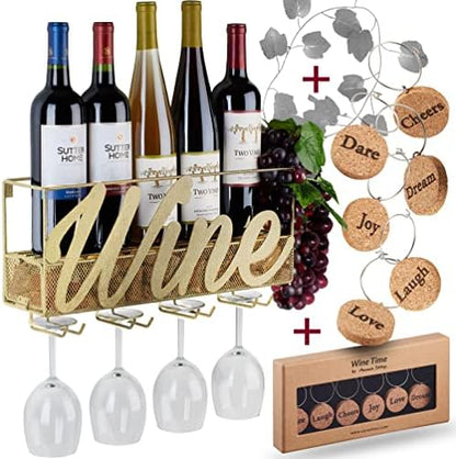  Wall Mounted Wine Rack - Bottle & Glass Holder - Cork Storage - Store Red, White, Champagne - Comes With 6 Cork Wine Charms - Home & Kitchen Décor - Designed By Anna Stay, Wine