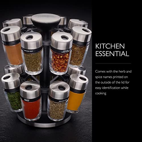  Cole & Mason 16 Herb & Spice Carousel - Rotating Spice Rack - Metal Two-Tier Organizer - Lazy Susan Style - Stainless Steel/Black, 10 Inch