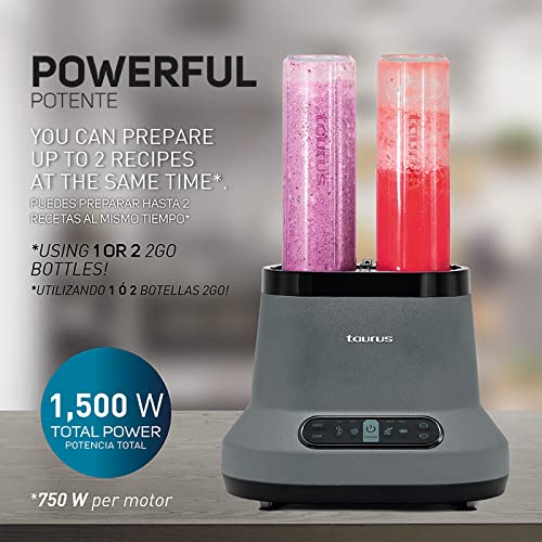 Taurus | Blaze| Maximun Power Per Two| 80 Oz Jar| 4 Presets Functions| Powerful 1500 W| 2 Motors| 2 Times More Durable| Blender And 2 Bottles 2 Go!|