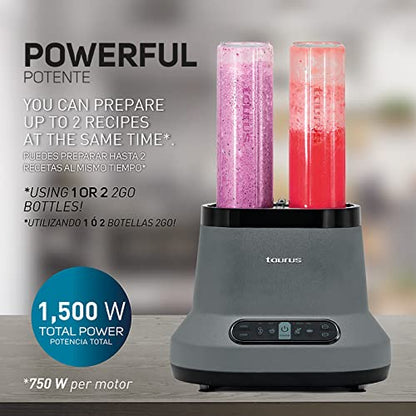 Taurus | Blaze| Maximun Power Per Two| 80 Oz Jar| 4 Presets Functions| Powerful 1500 W| 2 Motors| 2 Times More Durable| Blender And 2 Bottles 2 Go!|