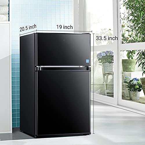  Mini Fridge With Freezer, 3.1 Cu.Ft Refrigerator 2 Doors, Unique Shelf Design, With LED Light, Adjustable Control Thermostat, Small Refrigerator For Bedroom, Office, Dorm, Garage, Black - ‎HPBFR310