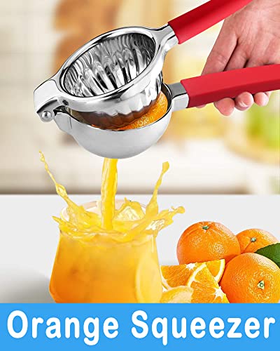  Extra Large Lemon Squeezer Stainless Steel - Premium Heavy Duty Lemon Juicer Hand With Food Grade Silicone Handle, Ergonomic Manual Citrus Juicer With Solid Metal Squeezer Bowl (Red)