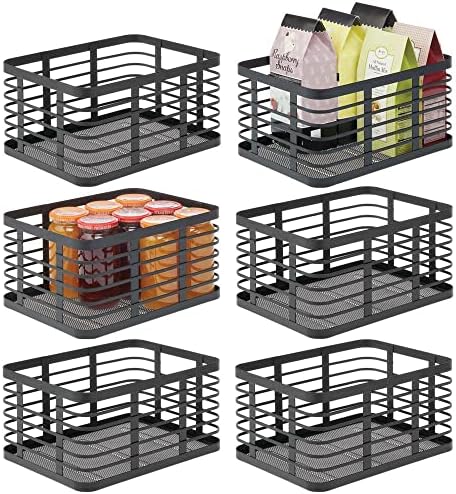  Steel Metal Wire Kitchen Food Storage Organizer Bin Basket For Pantry Organization - Wired Farmhouse Basket With Handle For Shelves - Carson Collection - 6 Pack, Matte Black