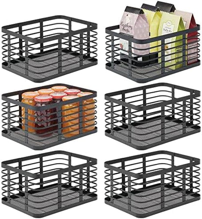  Steel Metal Wire Kitchen Food Storage Organizer Bin Basket For Pantry Organization - Wired Farmhouse Basket With Handle For Shelves - Carson Collection - 6 Pack, Matte Black
