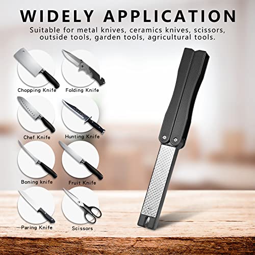  Portable Handheld Double Sided Sharpener 400/600 Grit Foldable Diamond Knife Sharpening Stone For Kitchen, Garden, Outdoor Tools Fine Or Coarse Grinding, Black