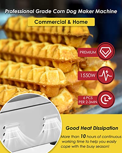  Commercial Corn Dog Waffle Maker Machine 6 PCS 1550W Hot Dog Cheese Stick Press Iron, 50-300℃ Temp Control, 5-min Timer French Muffin Cooker 110V