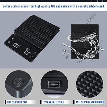  Digital Coffee Scale, Rechargeable Espresso Scale Coffee Scale With Timer, High Precision 0.1g/3kg Kitchen Scale For Food, Drip Espresso Pour Over Scale Back-Lit LED Display (Type-C Charger)