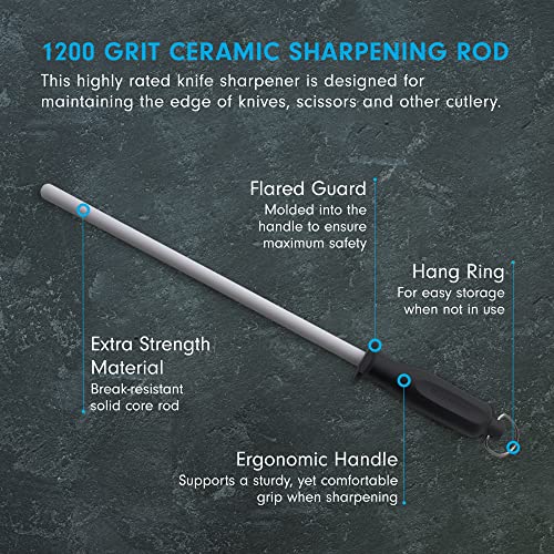  12” Ceramic Sharpening Rod - Knife Sharpener - Fine 1200 Grit - Ceramic Core, Large Sharpening Surface & Soft-Grip Handle