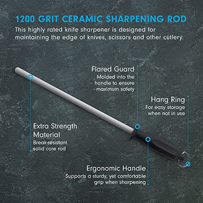  12” Ceramic Sharpening Rod - Knife Sharpener - Fine 1200 Grit - Ceramic Core, Large Sharpening Surface & Soft-Grip Handle