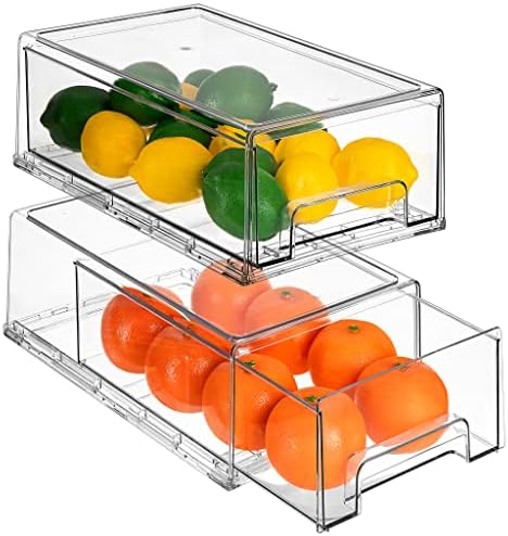  Fridge Drawers - Clear Stackable Pull Out Refrigerator Organizer Bins - Food Storage Containers For Kitchen, Refrigerator, Freezer, Vanity & Fridge Organization And Storage (2 Pack | Large)
