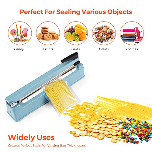  16 Inch Impulse Bag Sealer, Heat Sealer Machine Closer For Cookies, Manual Hot Sealing Machine For Poly Bag & Shrink Wrap With 2 Free Repair Kit (Blue)