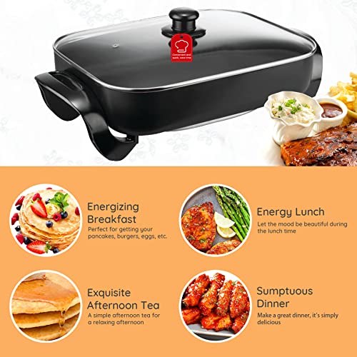  Black Electric Skillet With Tempered Glass Lid, 16 Inch, Non-Stick.