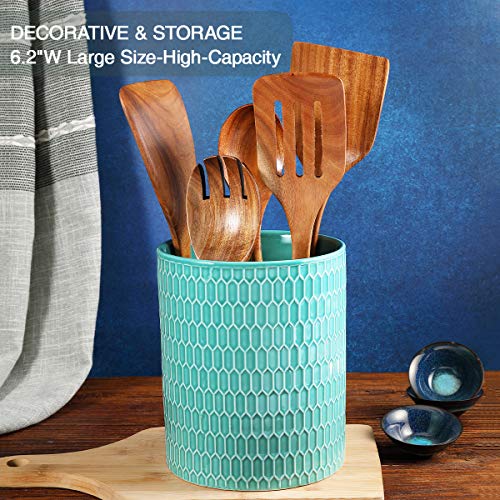  Kitchen Utensil Holder, Ceramic Utensil Crock Large Utensil Holder For Countertop, Relief Design Cooking Utensil Organizer For Kitchen Wedding/Birthday/Housewarming Gift, Turquoise Color
