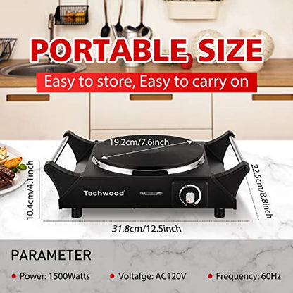  Hot Plate Portable Electric Stove 1500W Countertop Single Burner With Adjustable Temperature & Stay Cool Handles, 7.5” Cooktop For Dorm Office/Home/Camp, Compatible For All Cookwares