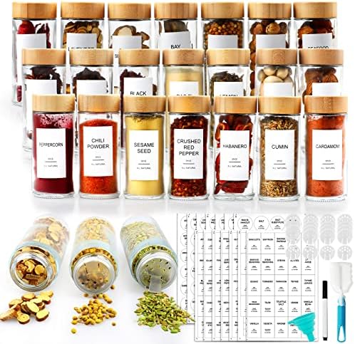  24 Pcs Glass Spice Jars With Bamboo Airtight Lids And 398 Labels, 4oz Empty Square Containers Seasoning Storage Bottles - Shaker Lids, Funnel, Brush And Marker Included