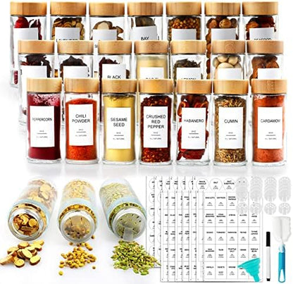  24 Pcs Glass Spice Jars With Bamboo Airtight Lids And 398 Labels, 4oz Empty Square Containers Seasoning Storage Bottles - Shaker Lids, Funnel, Brush And Marker Included