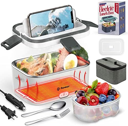  Electric Lunch Box [Faster-75W, Large-1.8L] Food Heated Lunch Box, 12V/24V/110V Food Warmer Lunch Box For Car Truck Home, With Airtight Lid, SS Container, Fork Spoon, Carry Bag
