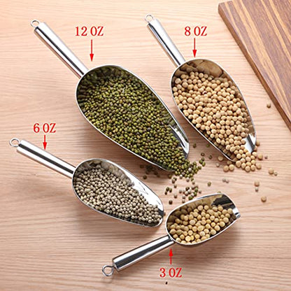  Metal Ice Scoop 6 Ounces, Small Stainless Steel 8.25 Inch Food Scoops For Kitchen Party Bar Wedding, Heavy Duty & Anti Rust, Superb Mirror Polish Surface, Easy Clean & Dishwasher Safe. By Kenbutsu.