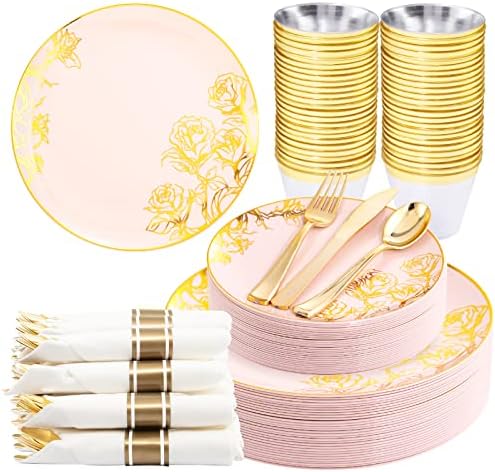  210PCS Gold Plastic Plates, Gold Disposable Dinnerware Set Includes 60 Gold & White Plates With Floral Design,30 Gold Plastic Silverware,30 Per Rolled Napkins,30 Gold Rim Cups For Mother's Day