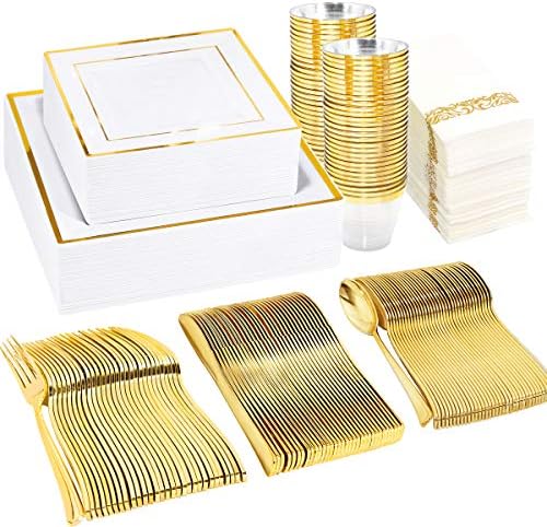  50 Guest Gold Plastic Plates With Disposable Cutlery& Gold Plastic Cups-Square Plastic Plates-Gold Plastic Utensils Set And Napkins For Wedding& Parties