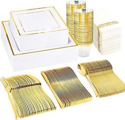 50 Guest Gold Plastic Plates With Disposable Cutlery& Gold Plastic Cups-Square Plastic Plates-Gold Plastic Utensils Set And Napkins For Wedding& Parties