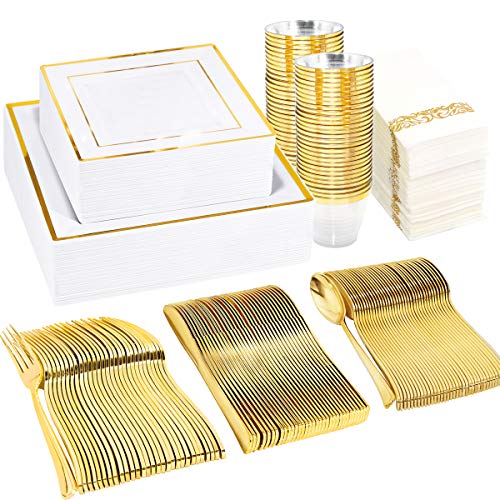  50 Guest Gold Plastic Plates With Disposable Cutlery& Gold Plastic Cups-Square Plastic Plates-Gold Plastic Utensils Set And Napkins For Wedding& Parties