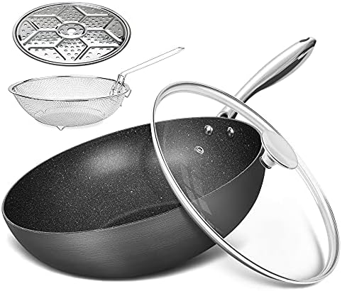  Hard Anodized Nonstick Wok With Lid, Cooking Wok Pan 12 Inch, Large Wok Pan With Flat Bottom, Induction Wok With Steamer Rack & Fry Basket, Woks And Stir Fry Pans - 5 Quart