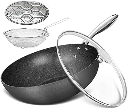  Hard Anodized Nonstick Wok With Lid, Cooking Wok Pan 12 Inch, Large Wok Pan With Flat Bottom, Induction Wok With Steamer Rack & Fry Basket, Woks And Stir Fry Pans - 5 Quart