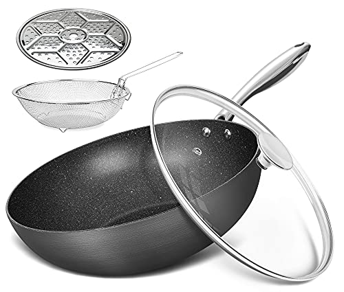  Hard Anodized Nonstick Wok With Lid, Cooking Wok Pan 12 Inch, Large Wok Pan With Flat Bottom, Induction Wok With Steamer Rack & Fry Basket, Woks And Stir Fry Pans - 5 Quart