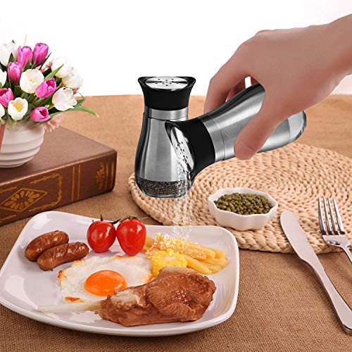  Salt And Pepper Shakers (2-Pc. Set) Modern Stainless-Steel W/Clear Glass Bottom | Compact Cooking, Kitchen And Dining Room Use | Classic, Refillable Design (Black)