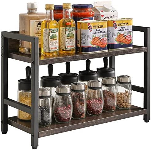  IBUYKE 2-Tier Spice Rack Industrial Counter Shelf Desktop Storage Organizer Standing Seasoning Rack For Countertop Kitchen Office Living Room Desktop Rustic Brown UTLJ002H